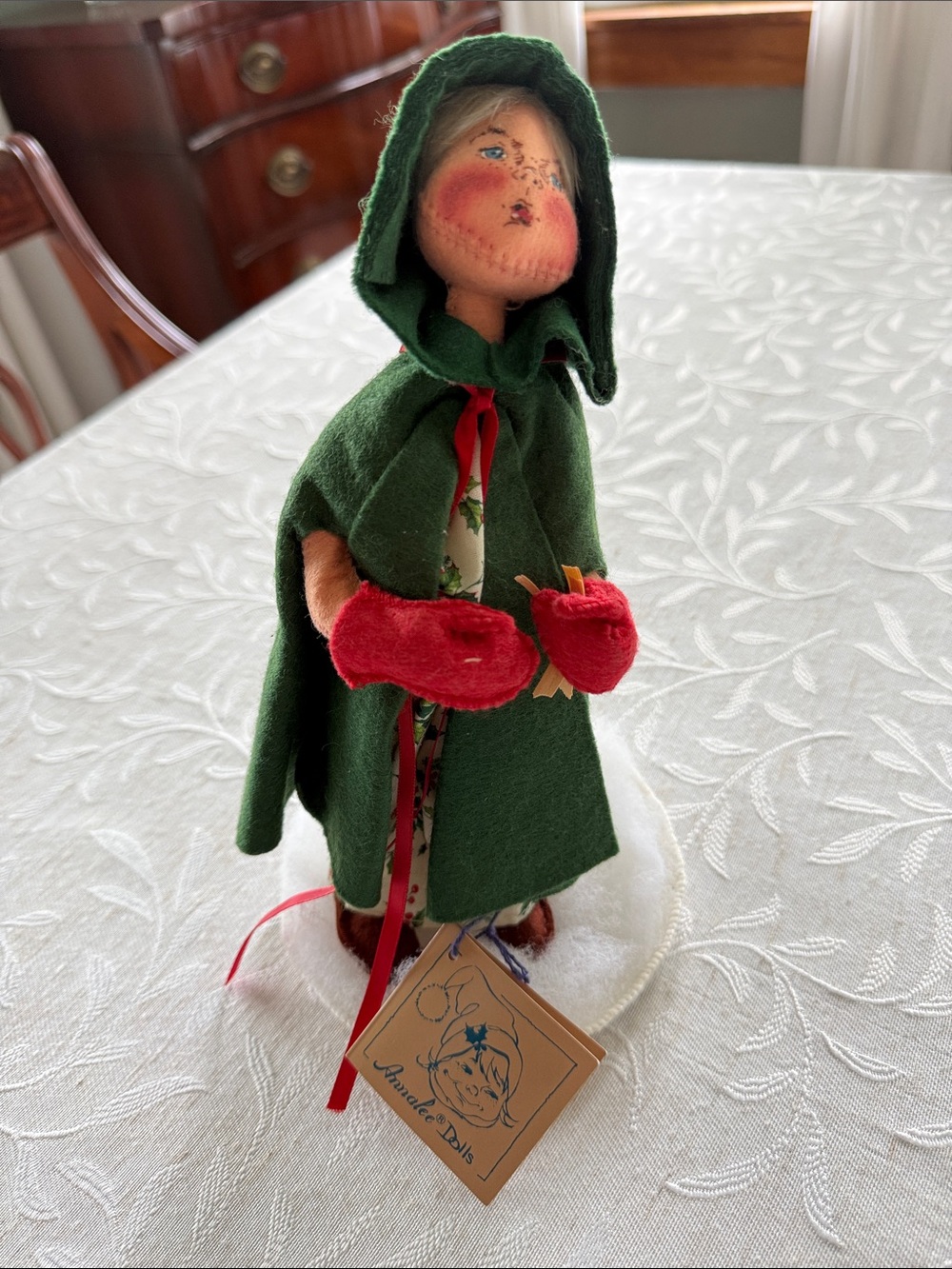 Annalee Green Hooded Doll with Red Mittens and Cream Base